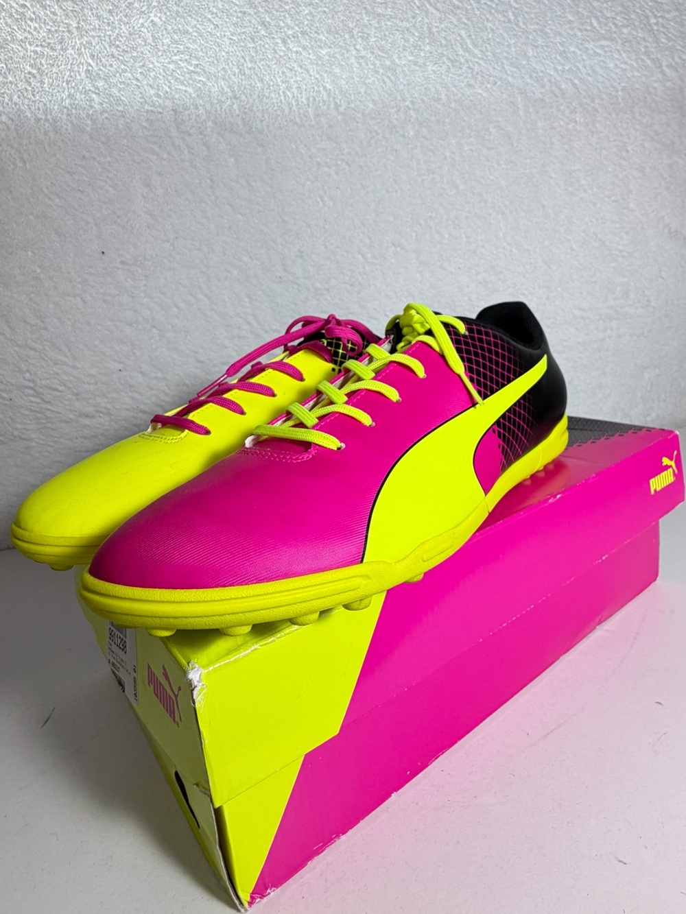 PUMA evoSPEED 5.5 Tricks TT Turf Soccer Shoes Pink Yellow Men’s 14